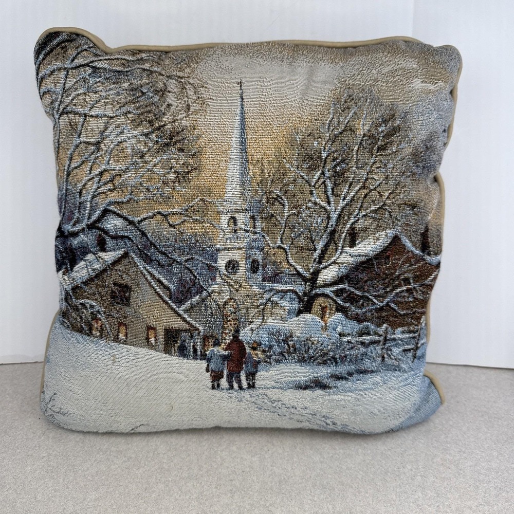 Vintage Christmas Embroidered Needlepoint Tapestry Church Winter Scene Pillow